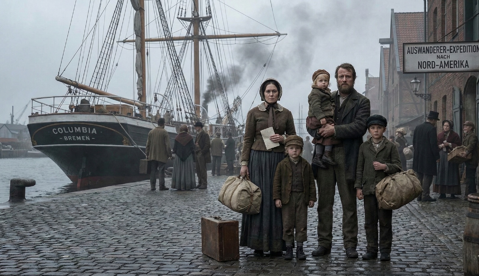Deutsche Auswandererfamilie aus der Eifel im Jahr 1860 am Hafen vor der Überfahrt nach Amerika, historisch-realistisches Foto