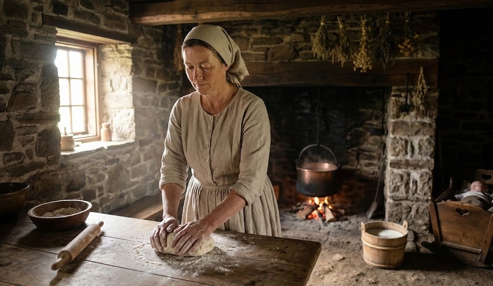 Farm woman making bread in an Eifel farmhouse kitchen around 1880 – morning light falls on her hands in dough, surrounded by tools of her invisible labor
