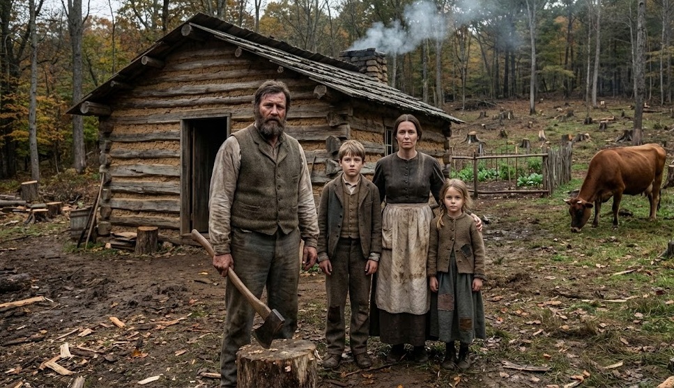 German immigrant family in front of their log cabin in Wisconsin around 1865 – father holding axe, mother and two children in simple clothing, surrounded by cleared forestland