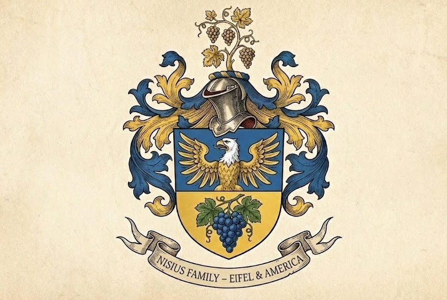 New family symbol for the Nisius family: A crest featuring an eagle and grapes