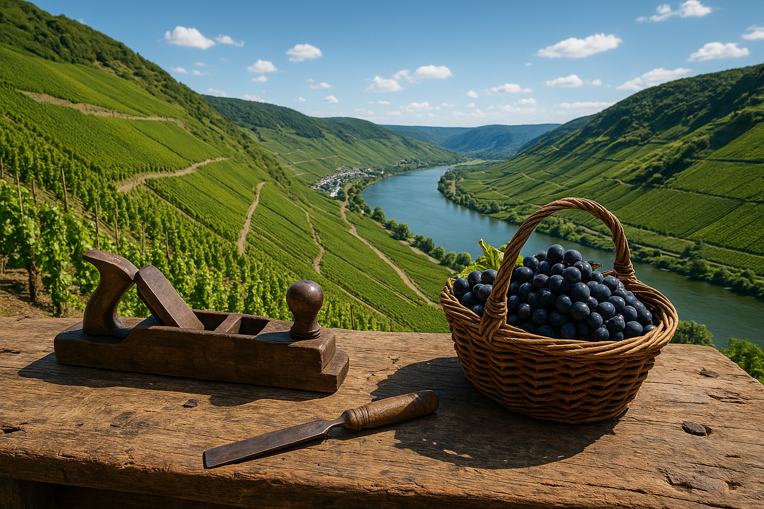 Historical Moselle scene: Antique workbench with wood plane and fresh grapes in front of steep vineyards.