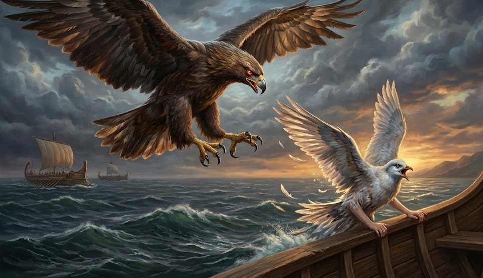 Illustration der griechischen Sage: König Nisos (als mächtiger Seeadler) jagt seine Tochter Skylla, die sich gerade am Bootsrand in einen weißen Seevogel verwandelt.