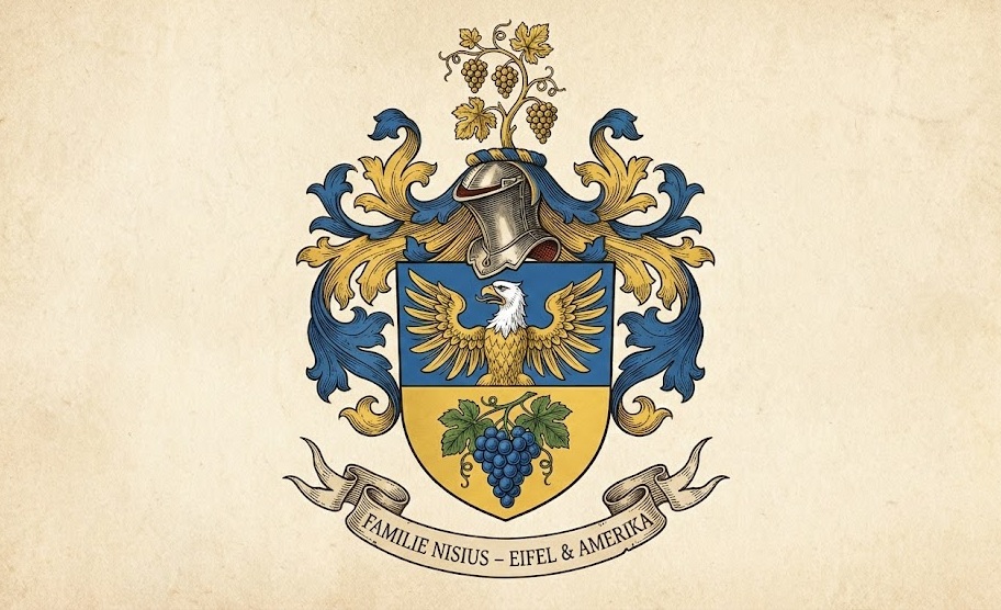 Neues Familiensymbol der Familie Nisius: Ein Wappen mit Adler und Weintraube. Digitale Kunst von Heiko Nisius.